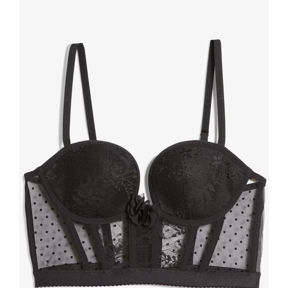 Black Lace Polka Dot Mesh Corset Bustier Bra Longline Top Lingerie Sexy 38D